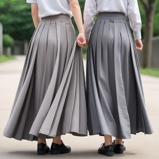 Prompt: The backs of anime girls wearing maxi long pleated grey skirts while holding the backs of their skirts.