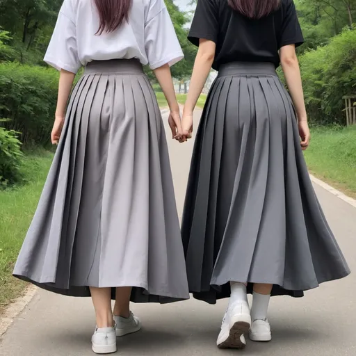 Prompt: The backs of anime girls wearing maxi long pleated grey skirts while holding their skirts.