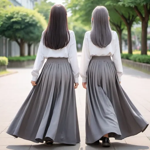 Prompt: The backs of anime girls wearing maxi long pleated grey skirts while holding the backs of their skirts.