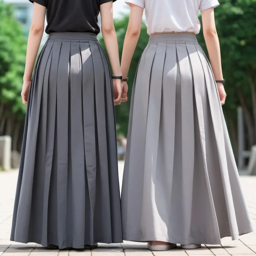 Prompt: The backs of anime girls wearing maxi long pleated grey skirts while holding the backs of their skirts.