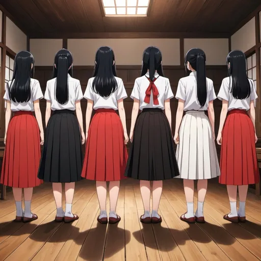 Prompt: The backs of multiple long-straight-black haired anime girls with untied hair who are wearing maxi long pleated red skirts that are extremely long. The girls are standing on a wooden floor while holding each of their own short fat wooden straight poles up in the air. The girls are wearing short-sleeved white buttoned shirts. The long pleated red skirts are very long.