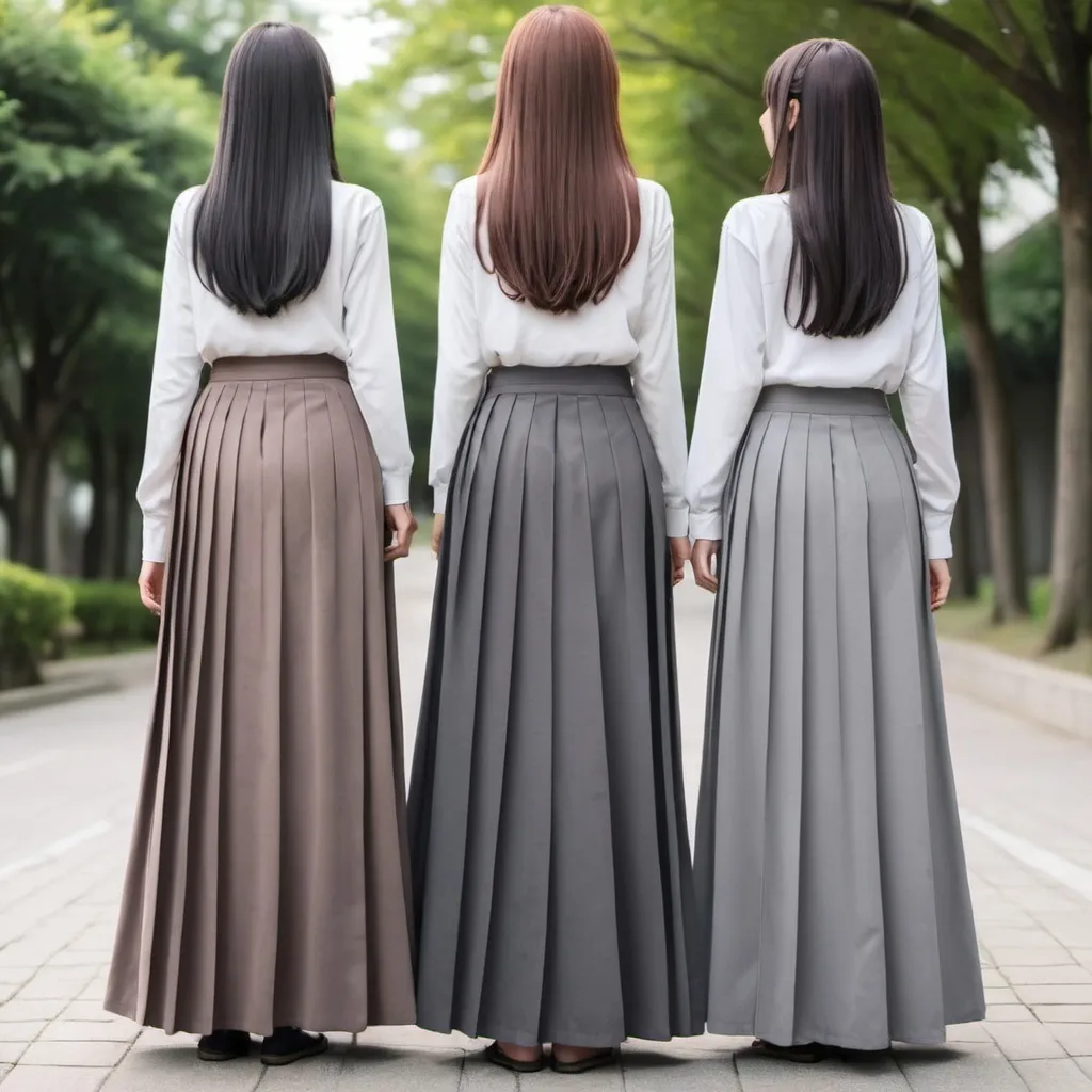 Prompt: The backs of anime girls wearing maxi long pleated grey skirts while holding the backs of their skirts.