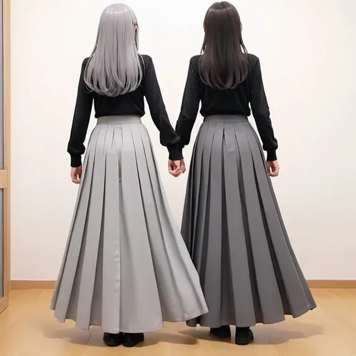 Prompt: The backs of anime girls wearing maxi long pleated grey skirts while holding the backs of their skirts.