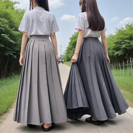 Prompt: The backs of anime girls wearing maxi long pleated grey skirts while holding the backs of their skirts.