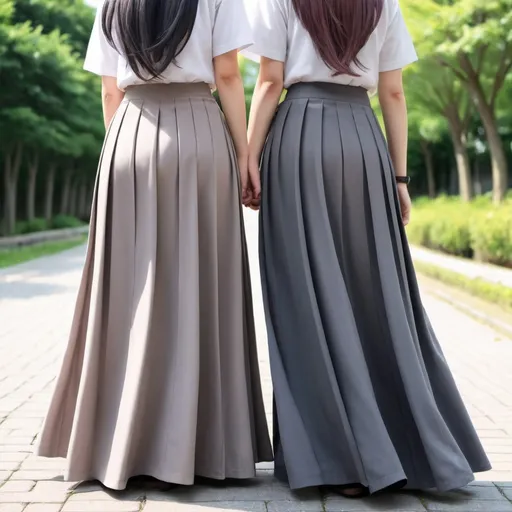 Prompt: The backs of anime girls wearing maxi long pleated grey skirts while holding the backs of their skirts.