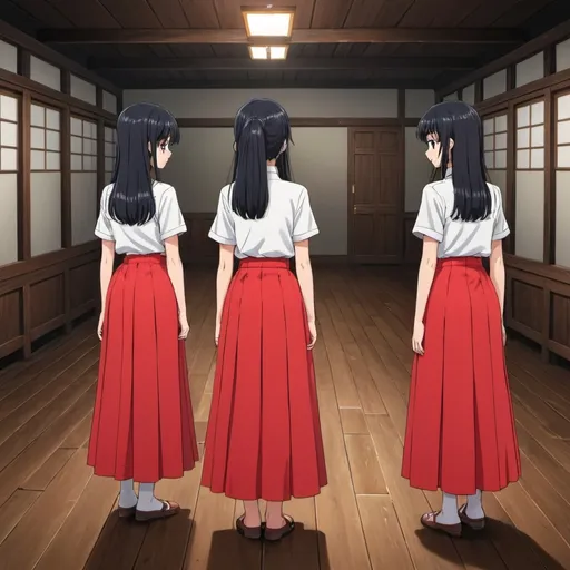 Prompt: The backs of multiple long-straight-black haired anime girls with untied hair who are wearing maxi long pleated red skirts that are extremely long. The girls are standing on a wooden floor. The girls are wearing short-sleeved white buttoned shirts. The long pleated red skirts are very long.