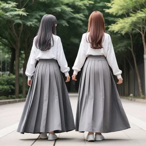 Prompt: The backs of anime girls wearing maxi long pleated grey skirts while holding the backs of their skirts.