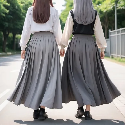 Prompt: The backs of anime girls wearing maxi long pleated grey skirts while holding the backs of their skirts.