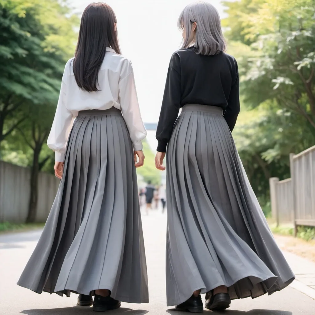 Prompt: The backs of anime girls wearing maxi long pleated grey skirts while holding the backs of their skirts.