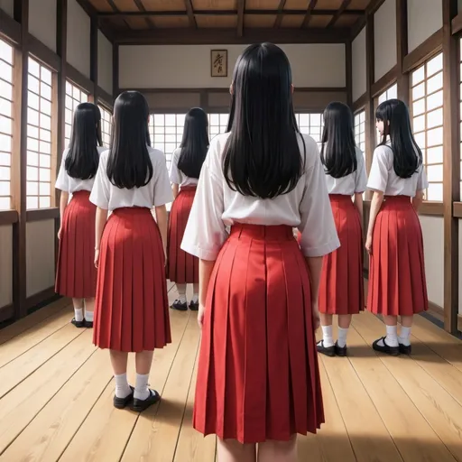 Prompt: The backs of multiple long-straight-black haired anime girls with untied hair who are wearing maxi long pleated red skirts that are extremely long. The girls are standing on a wooden floor while holding each of their own short fat wooden straight poles up in the air. The girls are wearing short-sleeved white buttoned shirts. The long pleated red skirts are very long.