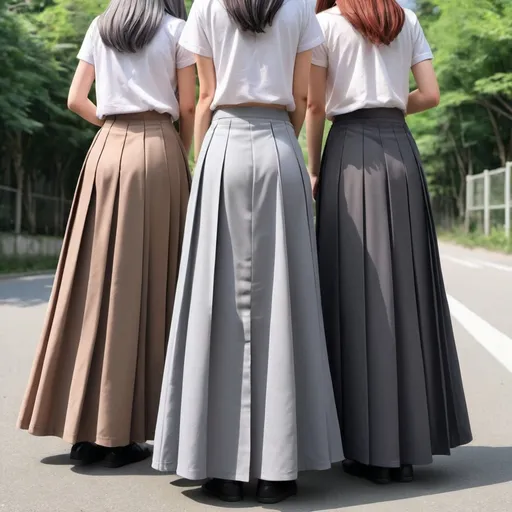 Prompt: The backs of anime girls wearing maxi long pleated grey skirts while holding their skirts.