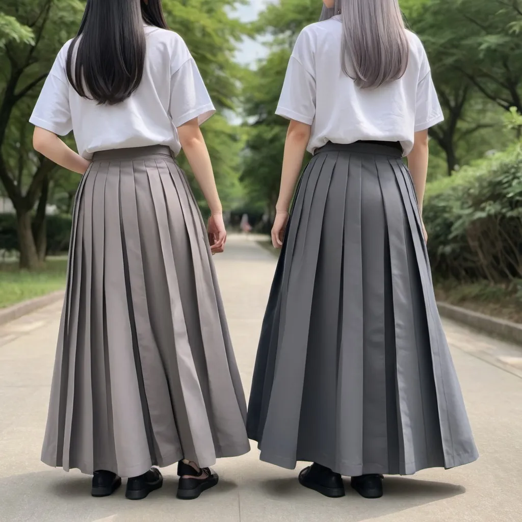 Prompt: The backs of anime girls wearing maxi long pleated grey skirts while holding the backs of their skirts.