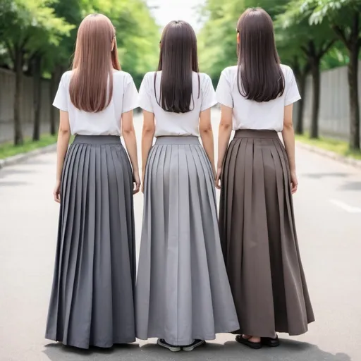 Prompt: The backs of anime girls wearing maxi long pleated grey skirts while holding the backs of their skirts.