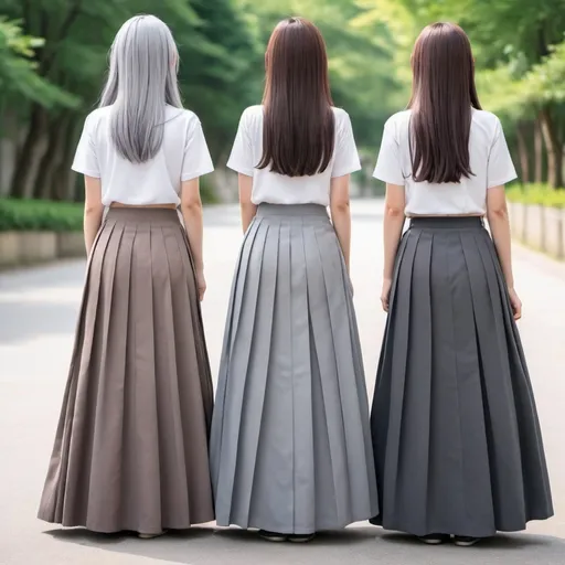 Prompt: The backs of anime girls wearing maxi long pleated grey skirts while holding the backs of their skirts.