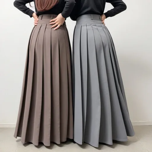 Prompt: The backs of anime girls wearing maxi long pleated grey skirts while holding their skirts.