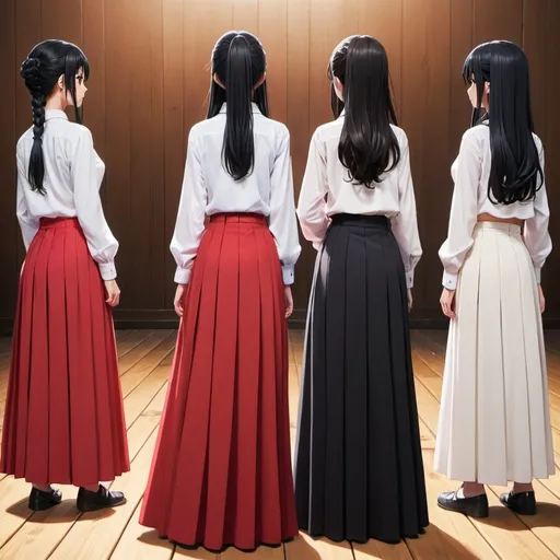 Prompt: The backs of multiple long-straight-black haired anime girls with untied hair who are wearing maxi long pleated red skirts that are extremely long. The girls are standing on a wooden floor. The girls are wearing white buttoned shirts. The long pleated red skirts are very long.