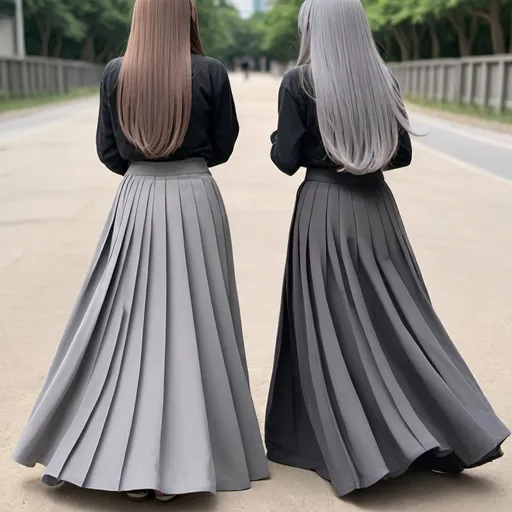 Prompt: The backs of anime girls wearing maxi long pleated grey skirts while holding the backs of their skirts.