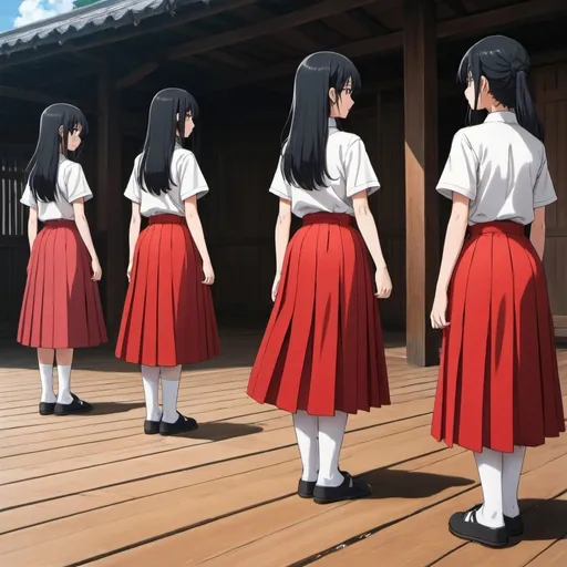 Prompt: The backs of multiple long-straight-black haired anime girls with untied hair who are wearing maxi long pleated red skirts that are extremely long. The girls are standing on a wooden floor while holding each of their own short fat wooden straight poles up in the air. The girls are wearing short-sleeved white buttoned shirts. The long pleated red skirts are very long.