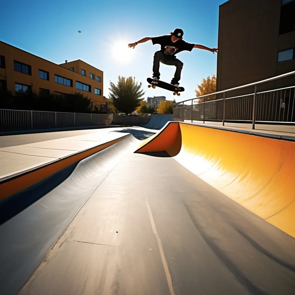 Prompt: skateboard ramp, streets, clean background