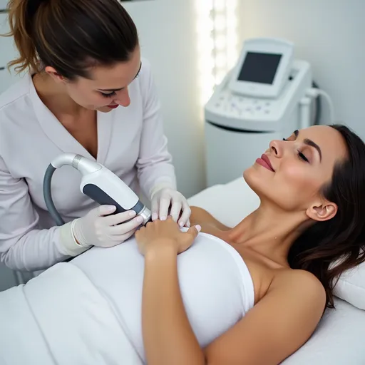 Prompt: Realistic photo of a woman undergoing laser hair removal treatment with the Vectus Laser. She is lying comfortably in a modern aesthetic clinic. The female patient has smooth, clean skin, and the esthetician is using a professional Vectus Laser device on her underarm area. The environment is bright, clean, and elegant, with medical equipment in the background. The overall look is professional, luxurious, and skin-focused.

