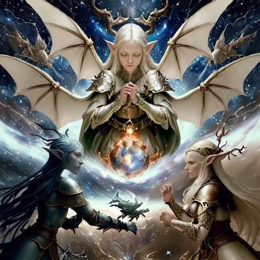 Prompt: Hieronymus Bosch. Medieval fantasy art with close up beautiful warrior, white air, woman. ((elves)) and dragon, fighting in a surreal landscape, in fire, full of monsters. Having in the background, a starry sky with the constellation of Orion and the Milky Way. Several moons. ((Meteors falling)). Hyper-detailed, hyper-realistic, ornate, meticulously detailed, muted colors, meticulous, intricate, highly detailed il. Cinematic light. Work of art. Extremely detailed

