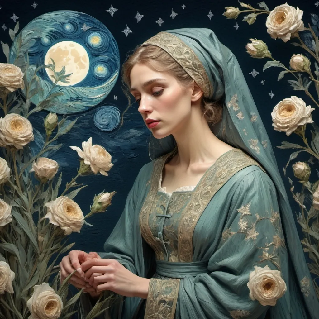 Prompt: 
(Beautiful saint female Matherclause), moonlit scene, whimsical flowers, (van Gogh style), hyper-detailed, hyper-realistic image, ornate and intricate design, muted color palette, stunningly meticulous details, cinematic lighting, highly detailed illustration, extraordinary work of art, masterpiece level, lush floral elements surrounding the figure, ethereal atmosphere contrasting the ornate textures; an enchanting blend of elegance and artistry.