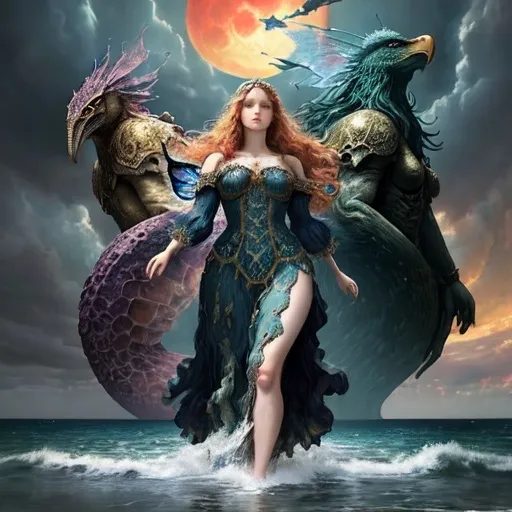 Prompt: beautiful woman uncovered walking in a ocean with ((monsters)).style Batticelli, Waterhouse Sunset and stormy day. Mushrooms, red moon, flowers, peacocks, van Gogh style. Hyper-detailed, hyper-realistic, ornate, meticulously detailed, muted colors, muted colors, meticulous, intricate, highly detailed il. Cinematic light. Artwork. Masterpiece. Extremely detailed a giant beautiful woman inside in a ((big fairy mall)) in a surreal medieval village at sunset in a stormy night, mind-blowing. airplains, ships in the sky.fish.eagles. style remarkable dramatic clouds, fantastic, surrealistic, elegant, beautiful, high definition, impressive design, intricate, beautiful, award-winning, fantastic view, fantasy, ela