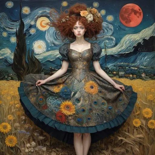 Prompt: Klimt, van Gogh, Jean-Baptiste Monge and Bosch style. Full body with a short dress Klimt style,with a beautiful she worm , showing her
legs, Beautiful ((woman)) with a beautiful and very detailed face with scars, roots in the face and eyes. ((full body)) . Ground-bound by ((roots)) dancing in a surreal school full of monsters . Klimt style ((dress)) in nineteenth-century fashion. Sunset and stormy day. red moon, flowers, peacocks, van Gogh style. Hyper-detailed, hyper-realistic, ornate, meticulously detailed, muted colors, muted colors, meticulous, intricate, highly detailed il. Cinematic light. Artwork. Masterpiece. Extremely detailed