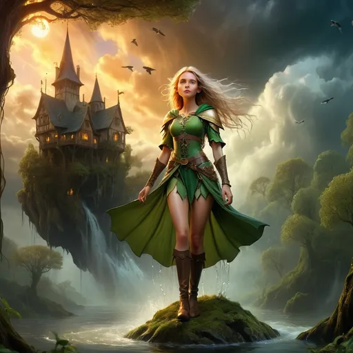 Prompt: Elf ranger in a mystical forest around sunlightklimt style a Extremely detailed  beautiful full body ((woman)) inside in a ((big drop of water)) in a surreal medieval village at sunset in a stormy night, mind-blowing. airplains, ships in the sky.fish.eagles. style remarkable dramatic clouds, fantastic, surrealistic, elegant, beautiful, high definition, impressive design, intricate, beautiful, award-winning, fantastic view, fantasy