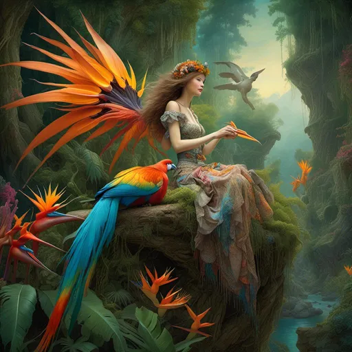 Prompt: <mymodel> Jean-Baptiste Monge inspired (woman riding a bird of paradise), vibrant colors, whimsical, fairy-tale atmosphere, intricate detail, lush background of enchanted forest, magical elements, ethereal lighting, fantastical mood, high depth color contrast, ultra-detailed, stunning clarity, photorealistic fantasy setting, masterful illustration, cinematic masterpiece, award-winning quality, storytelling through visuals, elegant facial features of the woman, graceful pose, bird's vivid plumage, dreamlike ambiance.