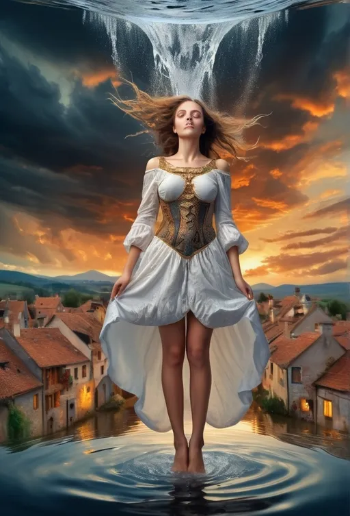 Prompt: klimt style a Extremely detailed  beautiful full body ((woman)) inside in a ((big drop of water)) in a surreal medieval village at sunset in a stormy night, mind-blowing. airplains, ships in the sky.fish.eagles. style remarkable dramatic clouds, fantastic, surrealistic, elegant, beautiful, high definition, impressive design, intricate, beautiful, award-winning, fantastic view, fantasy