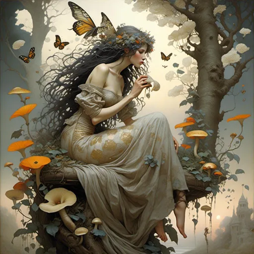 Prompt: <mymodel> Klimt and Waterhouse style. Full body of beautiful woman, with a short dress, showing her legs, ((riding)) a stunnig and surreal ((bee)) in a wood full of mushroom and birds of paradise . Apple trees with snakes. Sunset. Stormy sky.fog. Smoke. Full body. White hair intertwined with diamonds. Hyper-detailed, hyper-realistic, ornate, meticulously detailed, muted colors, meticulous, intricate, highly detailed il. Cinematic light. Work of art. Extremely detailed