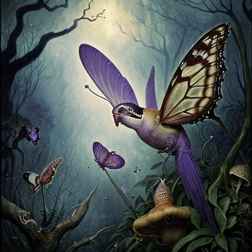 Prompt: ((Beautiful Woman)) ((flying)) over Amanita mushroom jungle with ((Paradise Birds)) on a stormy night with thunder and purple moons, birds. Butterflies. van Gogh style, at sunset. Hyper-detailed hyper-realistic photo-realistic ornate meticulously detailed, muted colors in, meticulous, intricate and highly detailed illustration by jean-baptiste monge, by Justin Ger8ard, by Brian Froud, hyper-realistic, ornate, meticulously detailed, muted colors, muted colors, meticulous, intricate, highly detailed il. Cinematic light. Work of art. Extremely detailed