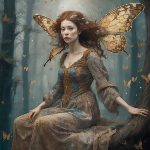 Prompt: Justin Gerard, by Brian Froud, Jean Baptiste Monge and Klimt and ((Bruegel)) style. A full body two women in a medieval-style sits on a star in a misty, forested area with buterflies in the background.Perfect profile beautiful full body with a ((short dress)) with perfect legs, ((woman)) flying in a surreal and mind-blowing universe one stunnig and extremely detailed, Klimt barroque style. van Gogh style. Hyper-detailed hyper-realistic photo-realistic ornate meticulously detailed, muted colors in, meticulous, intricate and highly detailed illustration. hyper-realistic, ornate, meticulously detailed, muted colors, intricat. Masterpice. Cinematic light. Extremely detailed.

