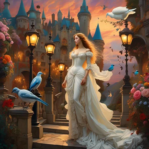 Prompt: <mymodel> (Waterhouse, Botticelli, and Salvador Dali beautiful and very detailed full body woman in a fantasy scene), masked person in white, surreal lamp post, birds, flowers, mystical castle background, vibrant colors, ethereal lighting, dreamlike atmosphere, intricate details, high contrast, ultra-detailed, 4K, enchanted and whimsical mood, soft light, lush landscape, magical realism, high quality artwork, enchanting essence, vivid hues, fantasy elements