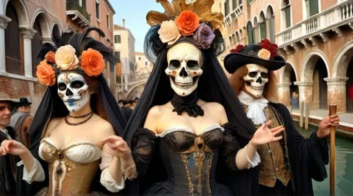 Prompt:  Macabre carnival in Venice with men and women dancing, with skull masks, fully uncovered, all extraordinarily detailed, in the streets of eighteenth-century Venice, next to a water canal. Waterhouse and Salvador Dali style.