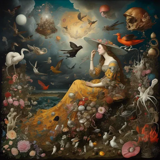 Prompt: <mymodel> A surreal and detailed painting of a XIX century woman in an extraterrestrial orchid, chaotic landscape of snails, shells, birds, snakes, intricate details like diamonds and white flowers, stormy sky, raining fire, by Bosch, Bruegel, and Dali, vibrant color palette, dark and dramatic tones, high contrast lighting, eerie and otherworldly atmosphere, highly detailed background, intricately designed plants and animals, ultra-detailed, 4K, masterpiece quality