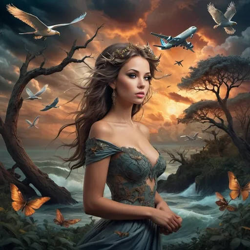 Prompt: A stunning and surreal artwork featuring a beautiful woman in a fairy wood at sunset, amidst a stormy night. The scene includes airplanes, ships in the sky, fish, eagles, and intricate, dramatic clouds. The style is remarkable, elegant, and high definition, with a fantasy and award-winning design. The image is rich in detail, featuring