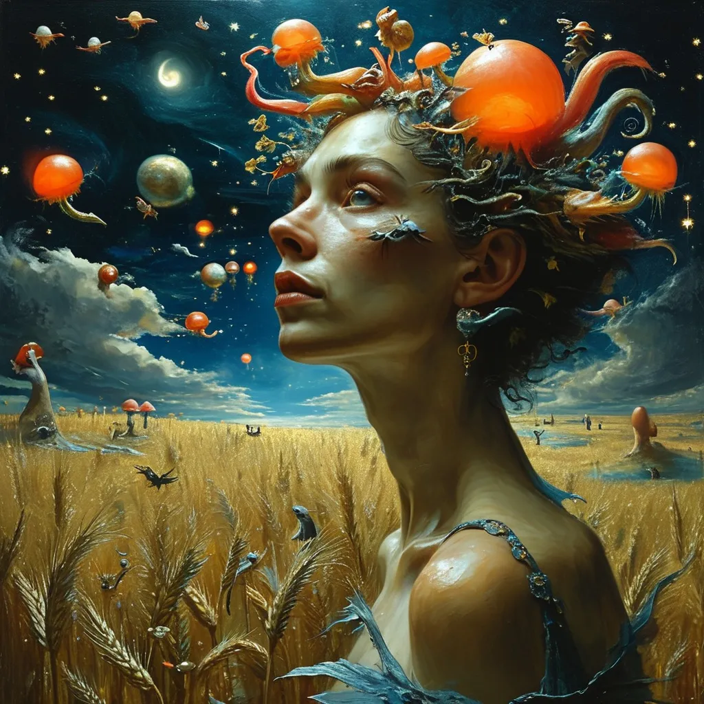 Prompt: Waterhouse, Jean-Baptiste Monge and Salvador Dali a surreal beautiful woman August night full of stars, flying over a golden barley field full of mushrooms and rats monsters. Grappes. The setting is a sickly and surreal planet, with twisted vegetation and strangely colored skies. Fantastical elements such as hybrid creatures and warped landscapes should be included to enhance the dark and dreamlike environment. Masterpice. Cinematic light. Artwork. Extremely detailed. Hyper-detailed hyper-fantastic photo-fantasy a