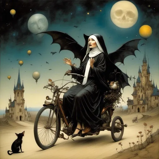 Prompt: <mymodel> Jean-Baptiste Monge, Justin Gerard and Salvador Dali a full body (Gothic in swimsuit nun on motorcycle), showcasing her (elegant legs) , in a haunting ghost village, illuminated by multiple (colorful moons) in a starry night sky, mysterious (bats) soaring above, accompanied by ominous (monsters) lurking in the shadows, scattered (birds) enhancing the atmosphere, dramatic lighting, eerie ambiance, high detail, ultra-detailed, cinematic masterpiece. 