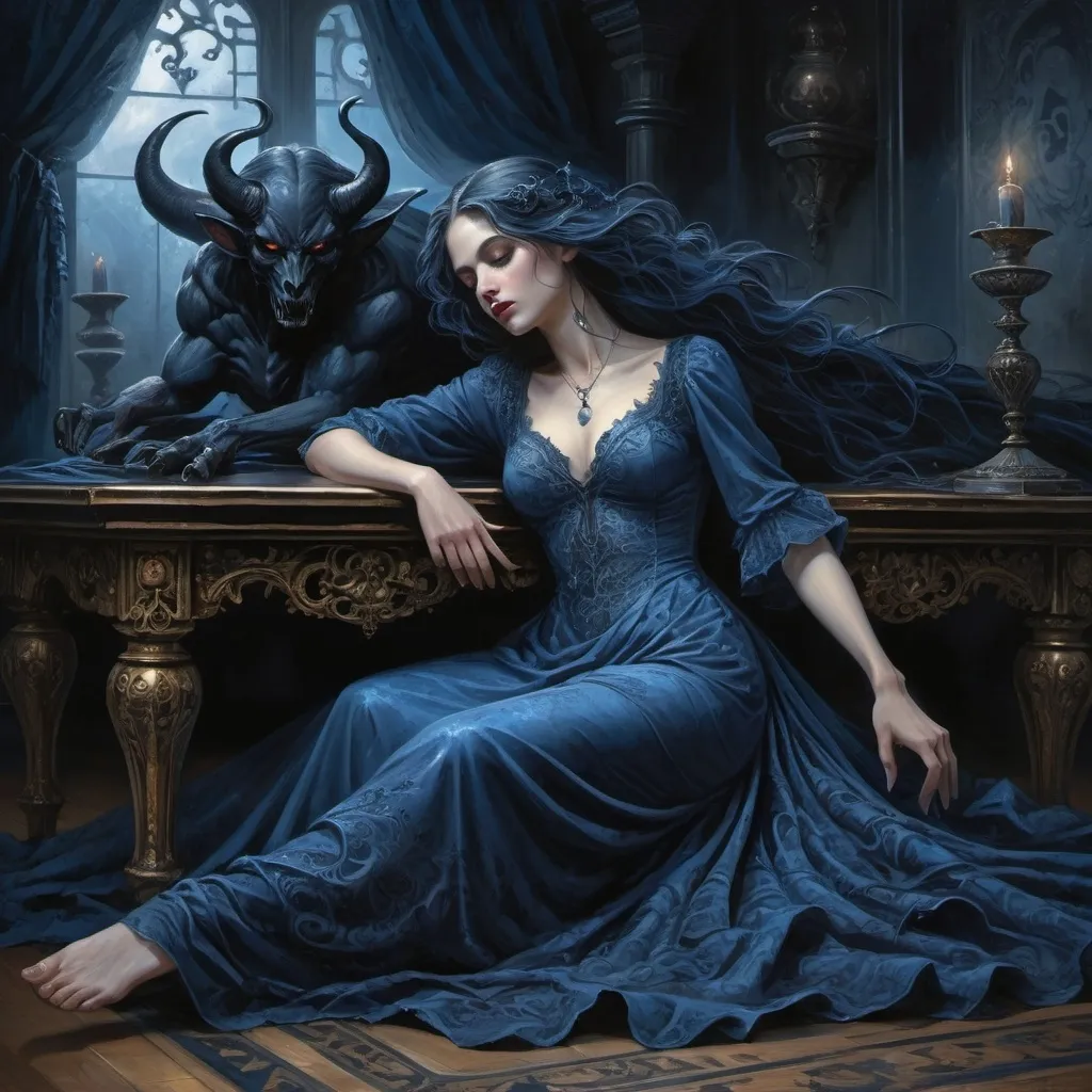 Prompt: (detailed painting), a woman in a flowing blue dress languidly sprawled on a beautifully ornate table, (gothic art), (dark fantasy art), a menacing demon perching on her head, swirling shadows and hauntingly enchanting elements surrounding the scene, showcasing intricate textures and fine details, rich moody color palette emphasizing deep blues and blacks, an overall atmosphere of alluring mystery and dark enchantment, ultra-detailed, masterpiece quality.