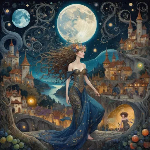 Prompt: A vivid and fantastical scene inspired by a fusion of Klimt's style and science fiction fantasy. It features stunning women with unique features, elves battling monsters in a medieval village under a starry sky with multiple moons, a surreal element of sea falling from the sky, and intricate details like roots, scars, grapes, and flowers.