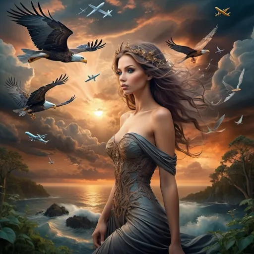 Prompt: A stunning and surreal artwork featuring a beautiful woman in a fairy wood at sunset, amidst a stormy night. The scene includes airplanes, ships in the sky, fish, eagles, and intricate, dramatic clouds. The style is remarkable, elegant, and high definition, with a fantasy and award-winning design. The image is rich in detail, featuring