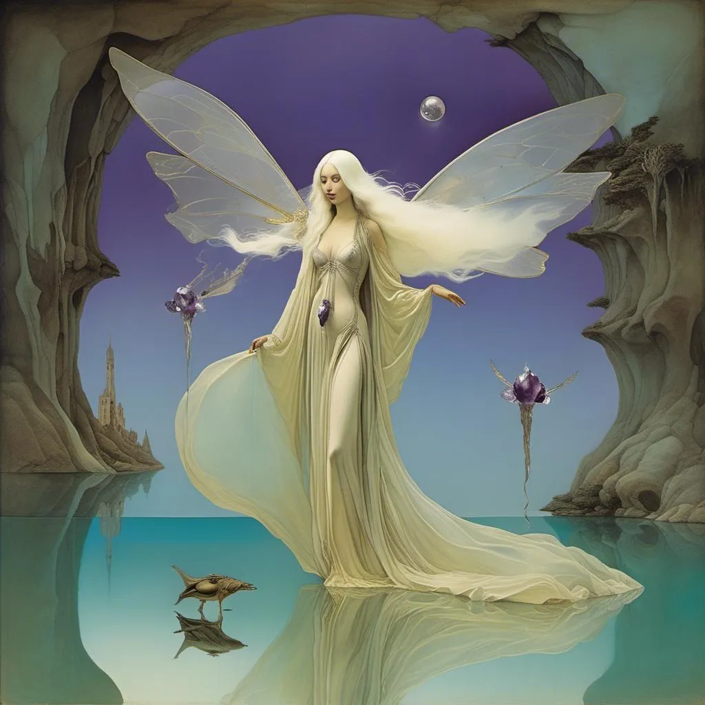 Prompt: <mymodel> A Salvador Dali and Jean-Baptiste Monge a (mystical woman) with long silver hair, (luminous skin) and amethyst eyes, wearing a flowing silk robe that dances in the wind, standing on the edge of a mirrored lake, (ethereal creatures) with crystal wings and translucent bodies swimming gracefully, (verdant valley) surrounded by (luminescent alien mountains), soft dreamlike lighting, enchanting atmosphere, ultra-detailed, high quality, (ethereal magic).