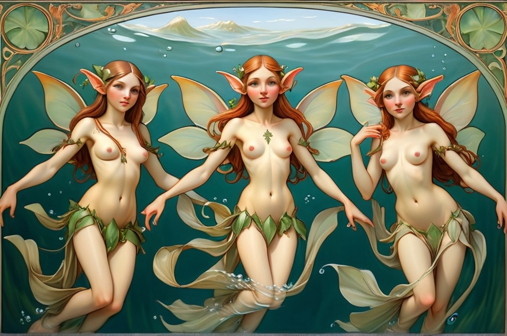 Prompt: (elves) with large ears, full body swimming.nineteenth century. style Mucha, Botticelli, Waterhouse. Extremely detailed