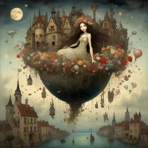 Prompt: <mymodel> Jean-Baptiste Monge a beautiful ((full body)) gotic woman, with long hair full of flowers, riding to the moon, in a devastated world, populated by ((misshapen beings)). wirh a very short Klimt-style, showing her legs , over a surreal gothic village, flooded with jellyfish, populated by monsters , with volcanoes spewing lava. Several moons. Dali style. Hyper-realistic. Masterpiece. Cinematic light. Artwork [Watercolor (SDXL)]