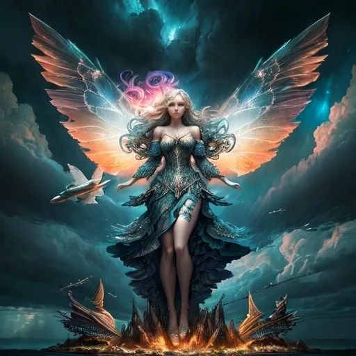 Prompt: A mesmerizing artwork depicts a stunning full-body woman in a fairy wood during sunset, set against a stormy night sky with surreal elements like airplanes, ships, fish, eagles, and intricate clouds. The high-definition style is elegant, fantasy-driven, and award-winning, boasting rich detail, vibrant colors, and a cinematic feel.