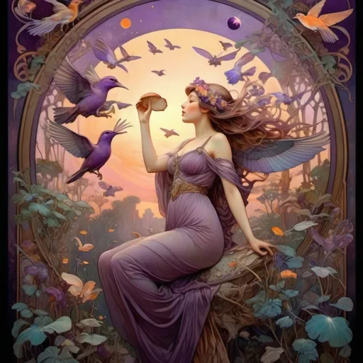 Prompt: A mesmerizing hyper-realistic painting of a woman soaring above a mushroom jungle at sunset, with paradise birds, butterflies, and purple moons. The art, reminiscent of a Waterhouse and van Gogh blend, features detailed, muted colors, and cinematic lighting, creating a fantastical and elegant scene.