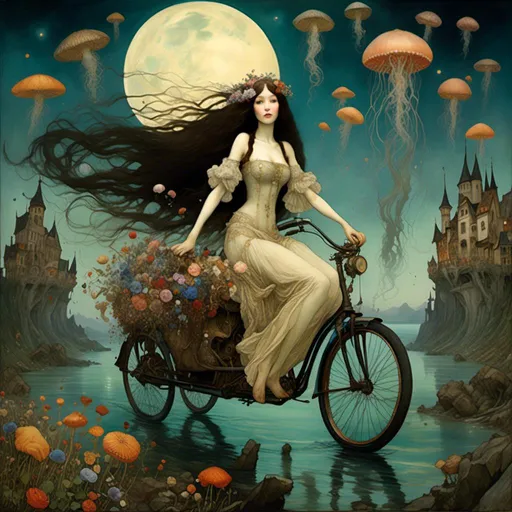 Prompt: <mymodel> Bosch, Klimt and Jean-Baptiste Monge a beautiful woman n, with long hair full of flowers, Riding to the moon, in a devastated world, populated by ((misshapen beings)). wirh a very short Klimt-style, showing her legs , in a surreal gothic village, Flooded with jellyfish, populated by monsters , with volcanoes spewing lava, populated by monsters. Several moons. Dali style. Hyper-realistic. Masterpiece. Cinematic light. Artwork Watercolor 