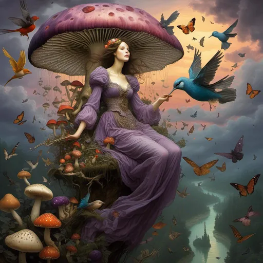 Prompt: <mymodel> ((Beautiful Woman)) ((flying)) over Amanita mushroom jungle with ((Paradise Birds)) on a stormy night with thunder and purple moons, birds. Butterflies. van Gogh style, at sunset. Hyper-detailed hyper-realistic photo-realistic ornate meticulously detailed, muted colors in, meticulous, intricate and highly detailed illustration by jean-baptiste monge, by Justin Ger8ard, by Brian Froud, hyper-realistic, ornate, meticulously detailed, muted colors, muted colors, meticulous, intricate, highly detailed il. Cinematic light. Work of art. Extremely detailed